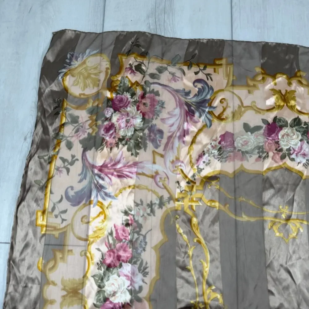 VALENTINO Brown Golden Striped Silk w/ logo Floral Print Vintage Scarf 33x34